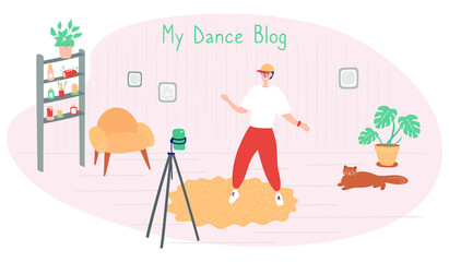 Young blogger. Dancer is dancing in front of camera. Guy shoots funny video for social networks. Vector hand drawn illustration in cartoon style