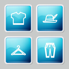 Set line T-shirt, Oktoberfest hat, Hanger wardrobe and Pants icon. Vector