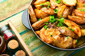 Roast chicken leg with potatoes on iron cast pan