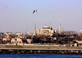 Obraz premium Hagia Sophia, is one of symbols of Istanbul, shot from boat which was on the sea.