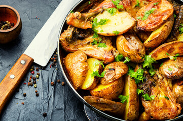 Chicken baked with potatoes in a pan
