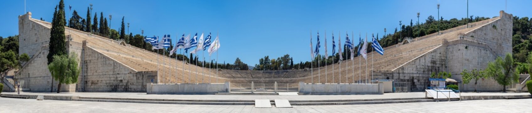 Athens, Attica, Greece. The Panathenaic Stadium or Kallimarmaro at the center of Athens city. It hosted the opening and closing ceremonies of the first modern Olympics in 1896. Sunny day