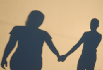 Photo of the shadow of a female and male figure. The man took the woman by the hand and steps forward. Romance and love.