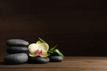 Fototapeta na wymiar Spa stones, beautiful orchid flower and bamboo sprout on wooden table. Space for text