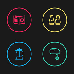Set line French press, Electric mixer, Salt and pepper and Cookbook icon. Vector