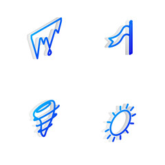 Set Isometric line Meteorology windsock wind vane, Icicle, Tornado and Sun icon. Vector