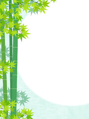 和風　青もみじと竹の背景・フレーム素材（縦向き）