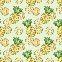 Seamless vector pattern with cute hand drawn pineapples with slices isolated on green background. Summer tropical fruity texture for wrapping paper, textile, print, fabric, wallpaper, print, gift, web