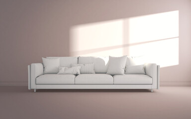 Clean bright room with modern sofa and sunlight coming through the window. 3d rendering
