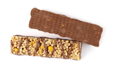 Two chocolate covered granola bars, muesli snack isolated on white background, top view - obrazy, fototapety, plakaty