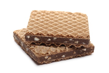 Hazelnut chocolate wafer slices, bars isolated on white background