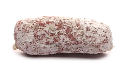 Fermented semi-hard dried sausage, pig meat isolated on white background