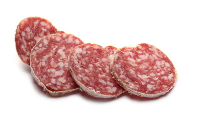 Fermented semi-hard dried sausage slices, pig meat isolated on white background