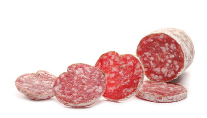 Fermented semi-hard dried sausage slices, pig meat isolated on white background