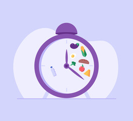 mealtime hours, water, cereals, vegetables, cheese. Concept of intermittent fasting, diet, diet plan, proper nutrition, dream figure, fitness, healthy food. Vector illustration in flat design