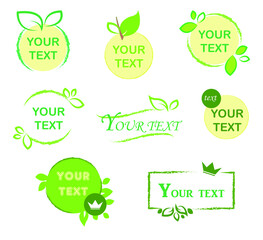 Set of organic healthy fresh food logo sticker, packaging design emblems green