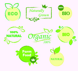 Set of organic healthy fresh food logo sticker, packaging design emblems green