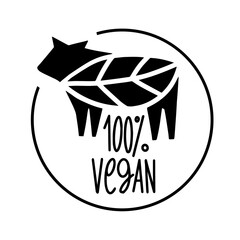 Meat vegan 100 percent, vector icon. Plant based food. Leaf instead of steak. Beyond meat. From plants. Butchering a cow in the form of a plant leaf.