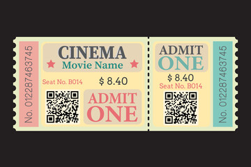 Retro cinema ticket template, isolated on white background. Set of Tickets to theater, concert or other event. Vector illustration in flat style. EPS 10.