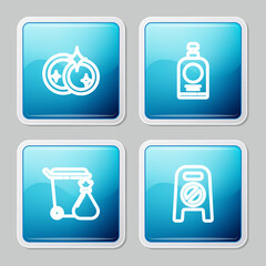 Set line Washing dishes, Hand sanitizer bottle, Trash can garbage bag and Wet floor cleaning progress icon. Vector