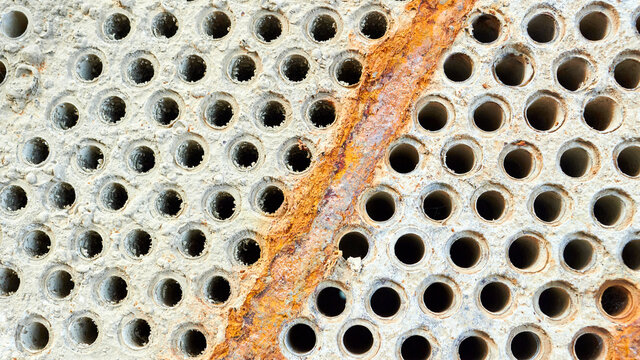 Selective focus tube sheet or boiler or plate of heat exchanger closeup texture macro background full of hard insoluble mineral deposits salts scale and corrosion. Trypophobia concept. 16x9