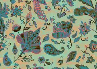 Paisley watercolor floral pattern tile: flowers, flores, tulips, leaves. Oriental indian traditional hand painted water color whimsical seamless print, ceramic design. Abstract india batik background