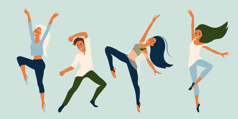 Girl and guy dancers in different poses, set of vector characters in flat style, collection of modern dancers.