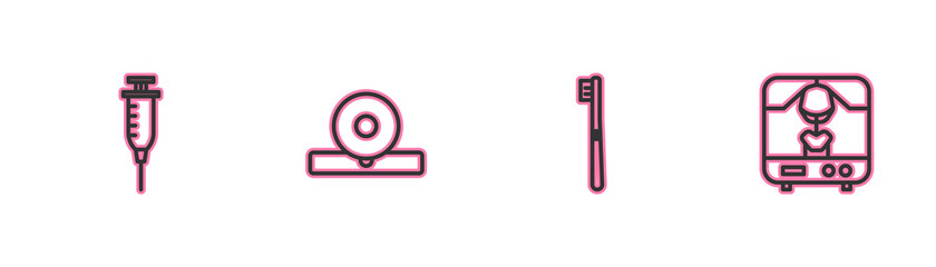 Set line Syringe, Toothbrush, Otolaryngological head reflector and X-ray machine icon. Vector