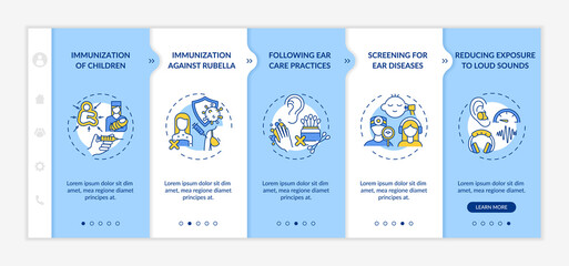Fototapeta premium Hearing loss preventive measures onboarding vector template. Responsive mobile website with icons. Web page walkthrough 5 step screens. Children immunization color concept with linear illustrations