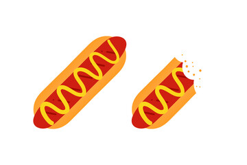 Hot dog whole and half-eaten with mustard sauce cute carton style vector icons, illustration.

