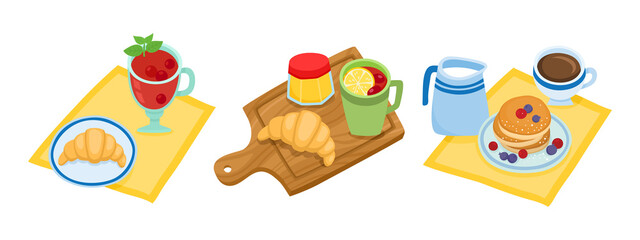 Cartoon set with different types of breakfast isolated on white