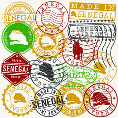Senegal Set of Stamps. Travel Passport Stamps. Made In Product. Design Seals in Old Style Insignia. Icon Clip Art Vector Collection.