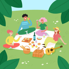 Vector illustration of picnic outdoor weekend with friends in park.