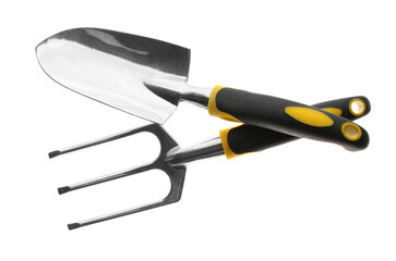 Trowel and pitchfork on white background, top view. Gardening tools