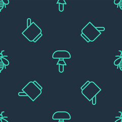 Set line Mushroom, Mortar and pestle and Bee on seamless pattern. Vector