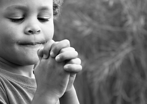 boy praying to God with hands together on white background stock photo  
