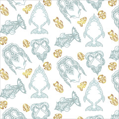 Seamless blue and gold pattern on the white background with fish