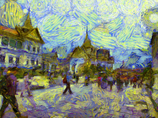 Fototapeta premium The grand palace, wat phra kaew bangkok thailand Illustrations creates an impressionist style of painting.