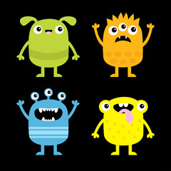 Happy Halloween. Monster set icon. Funny head face colorful silhouette. Hands up, down. Cute kawaii cartoon baby character. Eyes teeth fang horn tongue. Flat design. Black background.