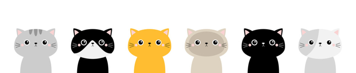 Cute cat face head icon set line. Different breeds. Kitten silhouette. Funny kawaii cartoon baby character. Happy Valentines Day. Notebook sticker print template. Flat design. White background.