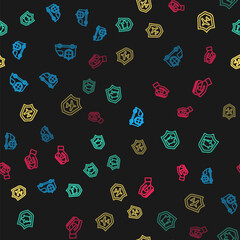 Set line Car with shield, Piggy bank, Plane and Stacks paper money cash on seamless pattern. Vector