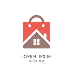 Home and shopping bag colored logo - house with window and chimney, real estate purchase and sale symbol. Realty and property agency vector icon.