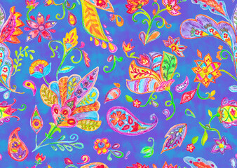 Hand drawn flower seamless pattern (tile). Colorful seamless pattern with cute rainbow whimsical flowers, paisley, raspberry. Watercolor seamless pattern for textile. Dark navy blue background.
