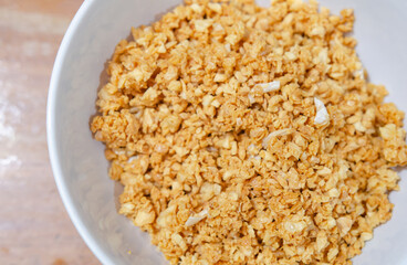 Freshly made fried garlic in a bowl