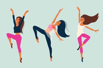 Young girl dancing modern dance, dancer in graceful pose, set of female characters in cartoon style, vector illustration, isolate.