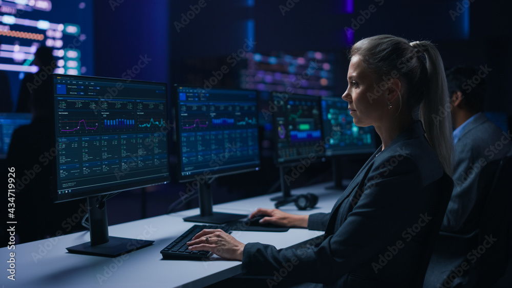 Aufkleber Confident Female Data Scientist Works on Personal Computer in Big Infrastructure Control Room. Team of Stock Market Specialist Use Computers Showing Global Map, Graphs, Charts, Information