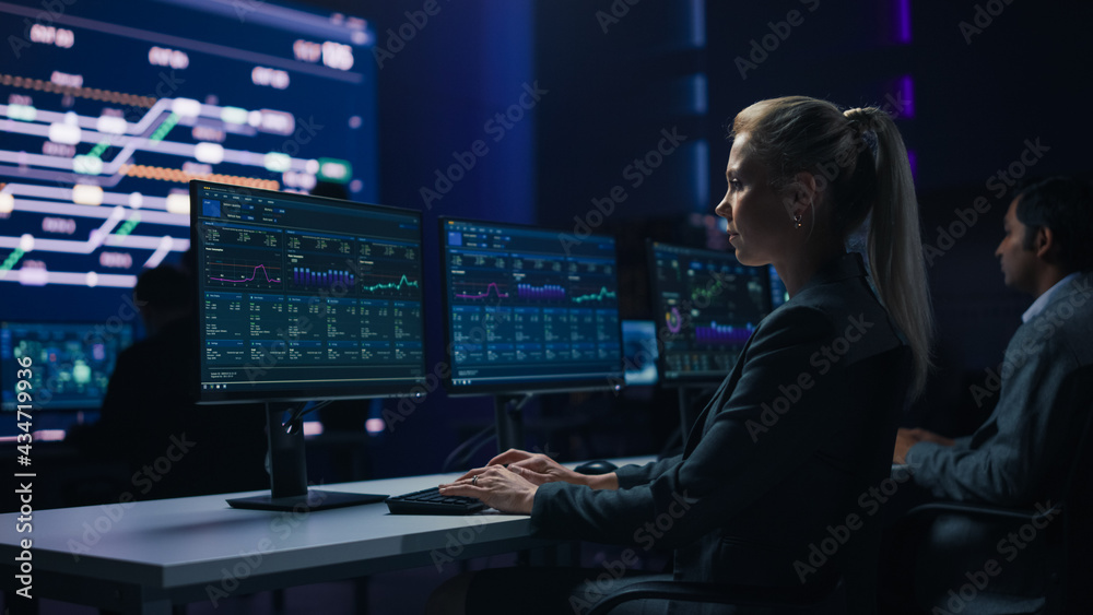 Aufkleber confident female data scientist works on personal computer in big infrastructure control room. team 