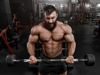 Fototapeta na wymiar A brutal man with a beard in the gym. A muscular bodybuilder in perfect athletic shape performs a bicep exercise, lifting a barbell. Emotional training. Concept of sports and a healthy lifestyle