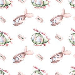 Watercolor seamless pattern with colorful little toy cars. Trucks and cars Watercolor background for kids. car with sweets, plane, helicopter, train
