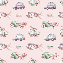 Watercolor seamless pattern with colorful little toy cars. Trucks and cars Watercolor background for kids. car with sweets, plane, helicopter, train